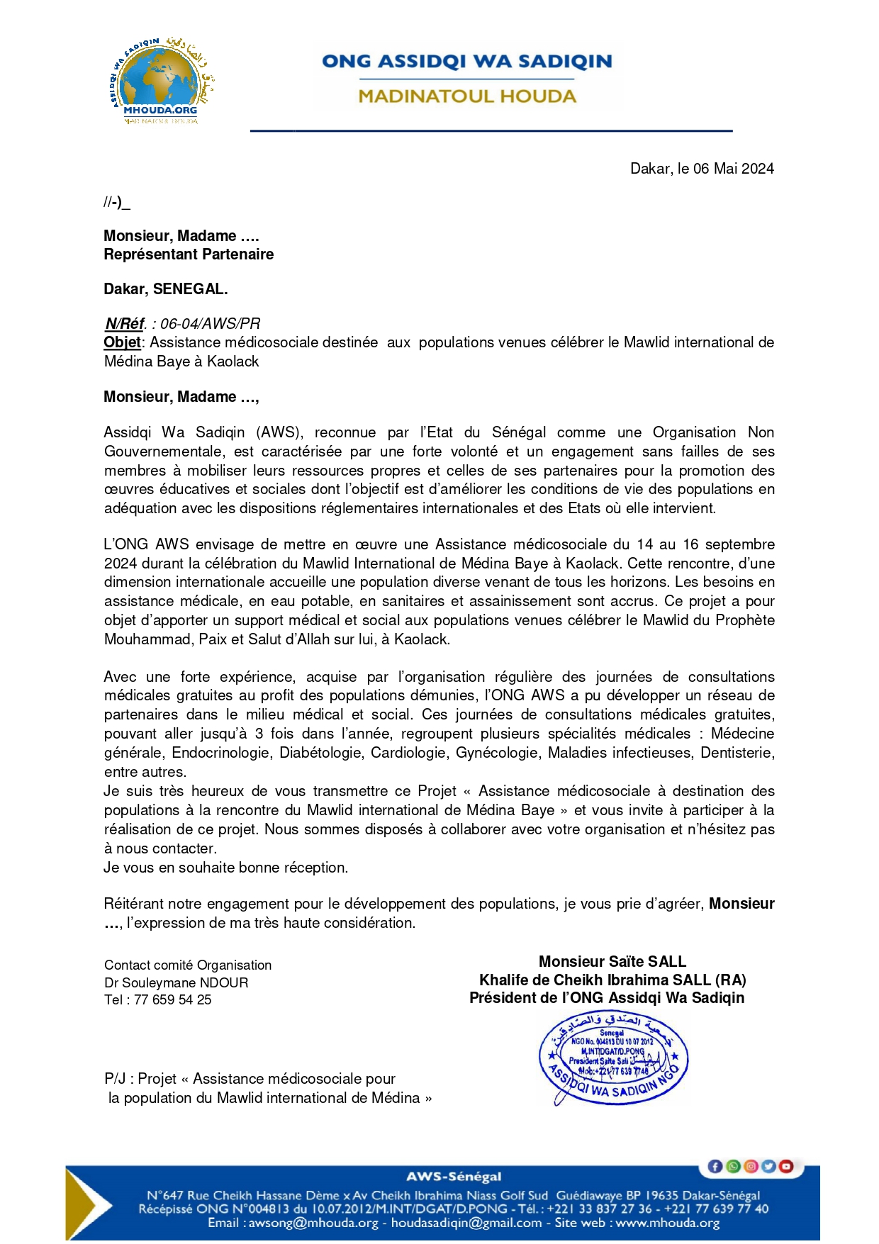 ONG AWS -Courrier de transmission du Projet Assistance médicosociale du Gamou de Médina Baye 2024_Partenaires Final_page-0001